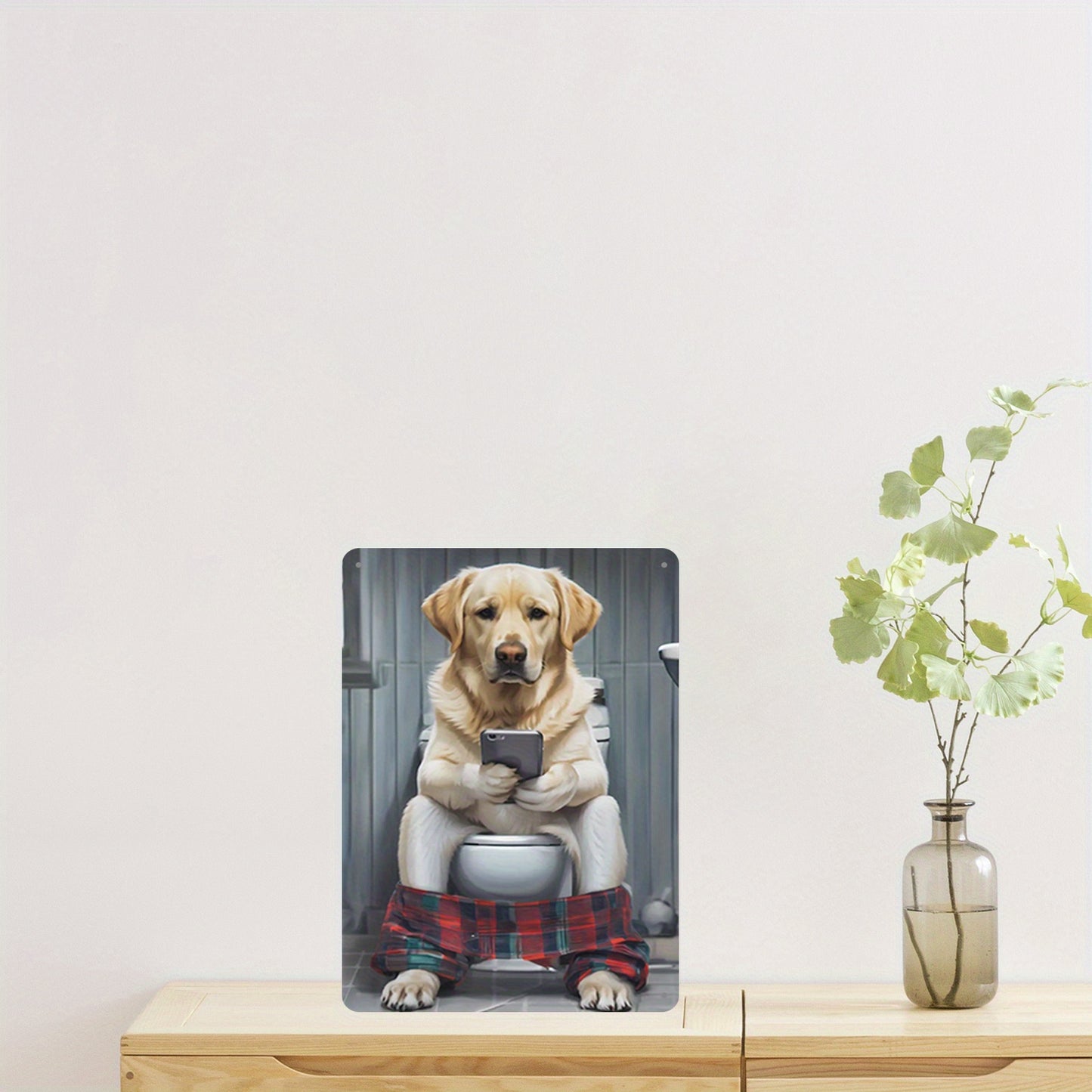 1pc, Labrador Retriever with Phone on Toilet, Funny Bathroom Wall Art Poster, 8x12 Inch, Metal Sign