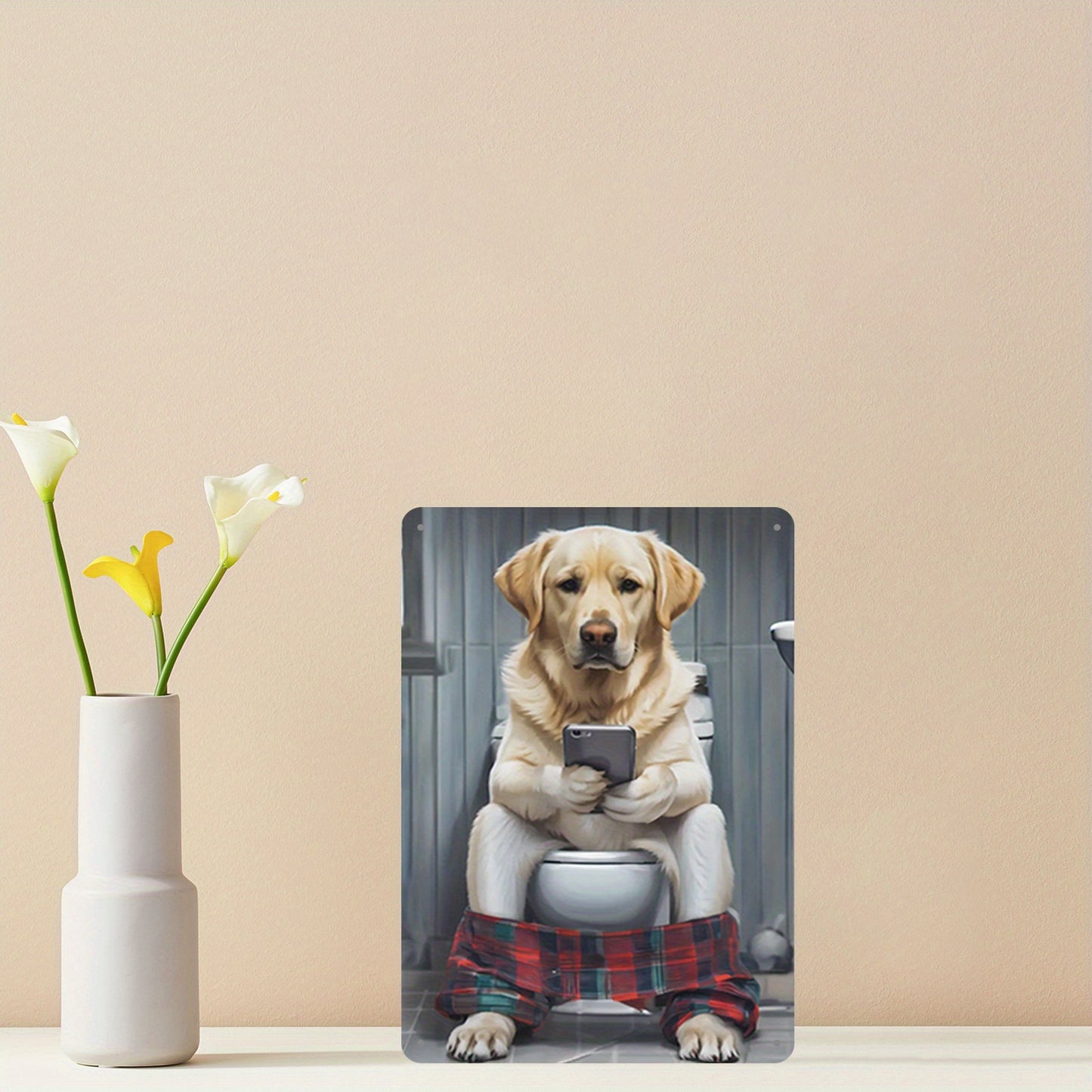 1pc, Labrador Retriever with Phone on Toilet, Funny Bathroom Wall Art Poster, 8x12 Inch, Metal Sign