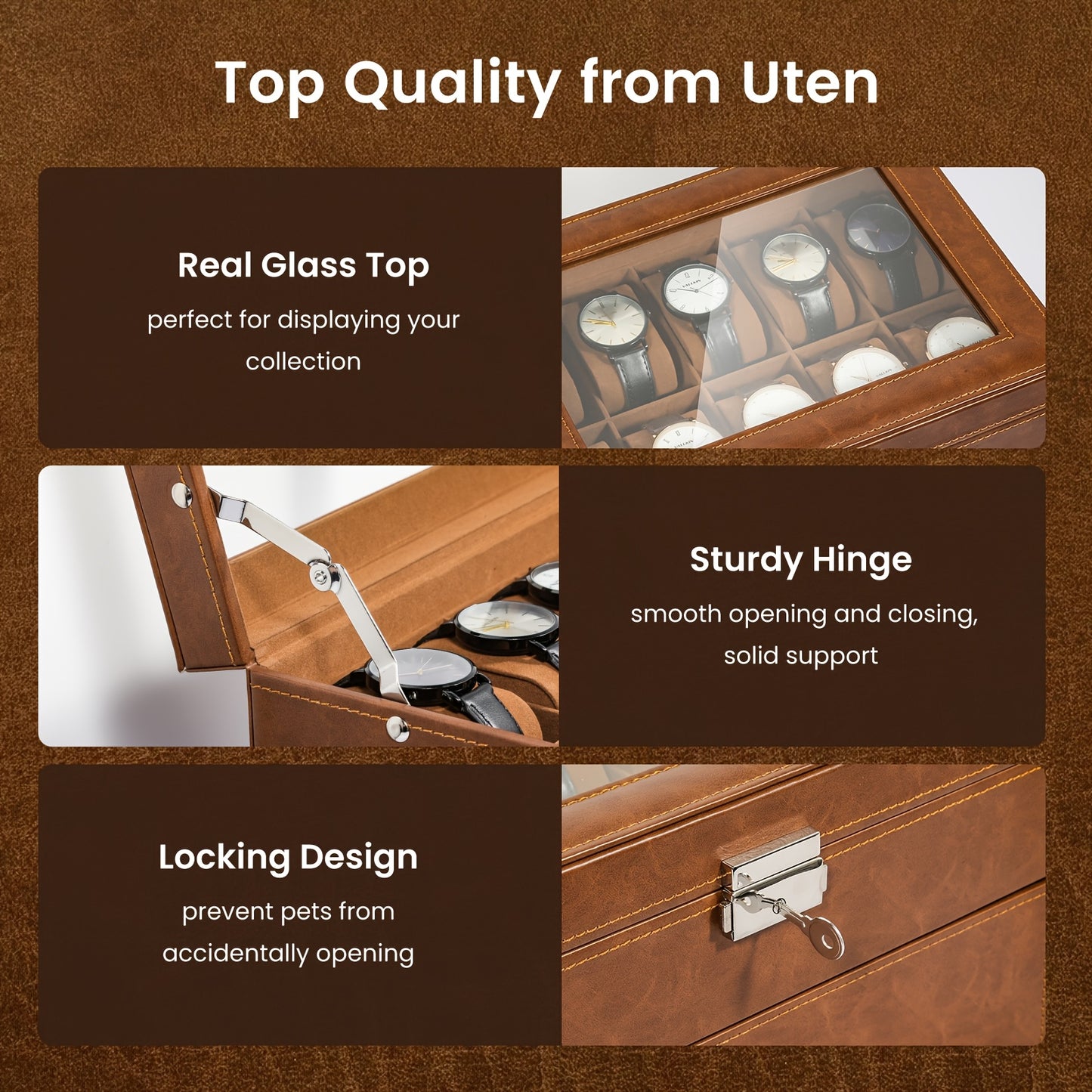 20-grid Double-layer Watch Box, Brown, Black, Gray Pillows, Solid Glass Cover,Collection And Display