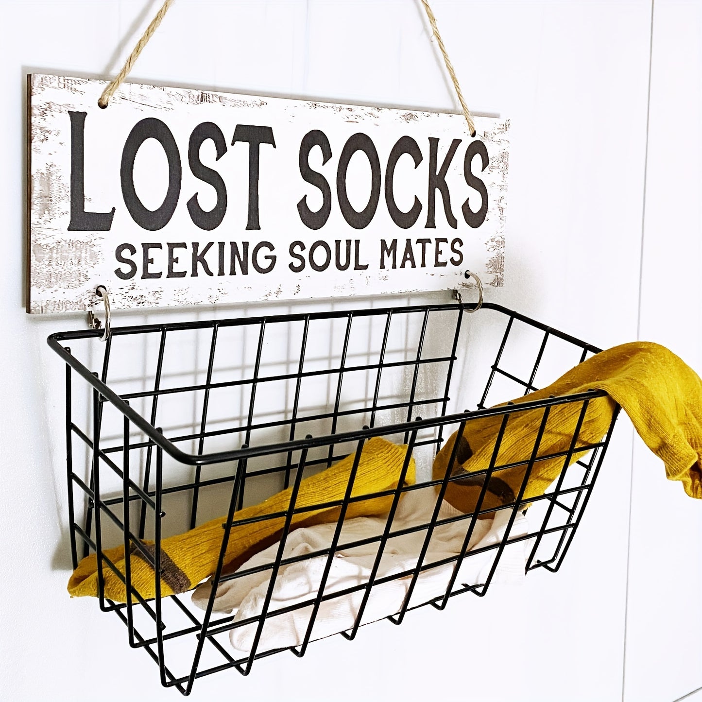 Wall-Mounted Lost Socks Organizer with Sign - Metal Laundry Basket for Easy Storage