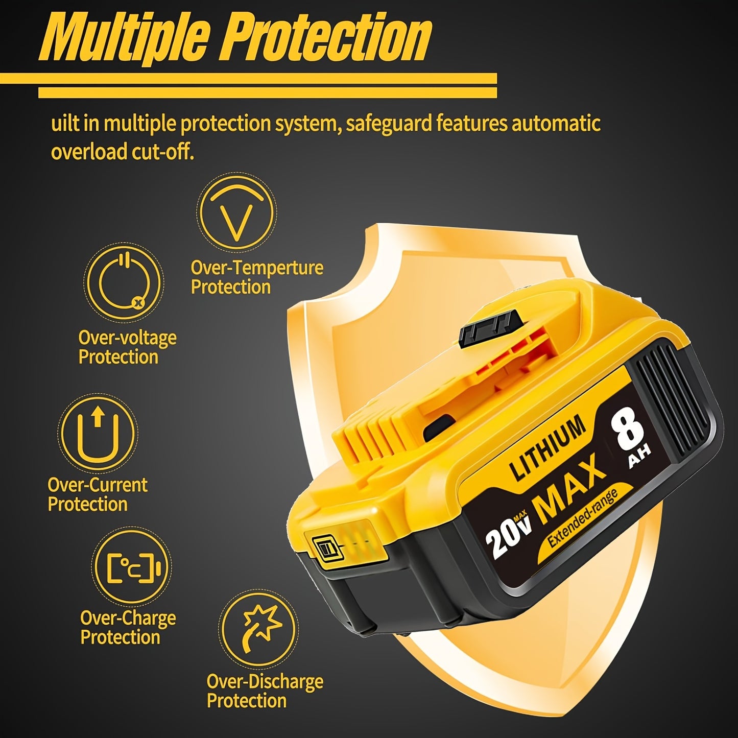 1/2-Pack 8.0Ah Replacement for Dewalt 20v Max XR - Lithium-Ion Batteries - High-Capacity