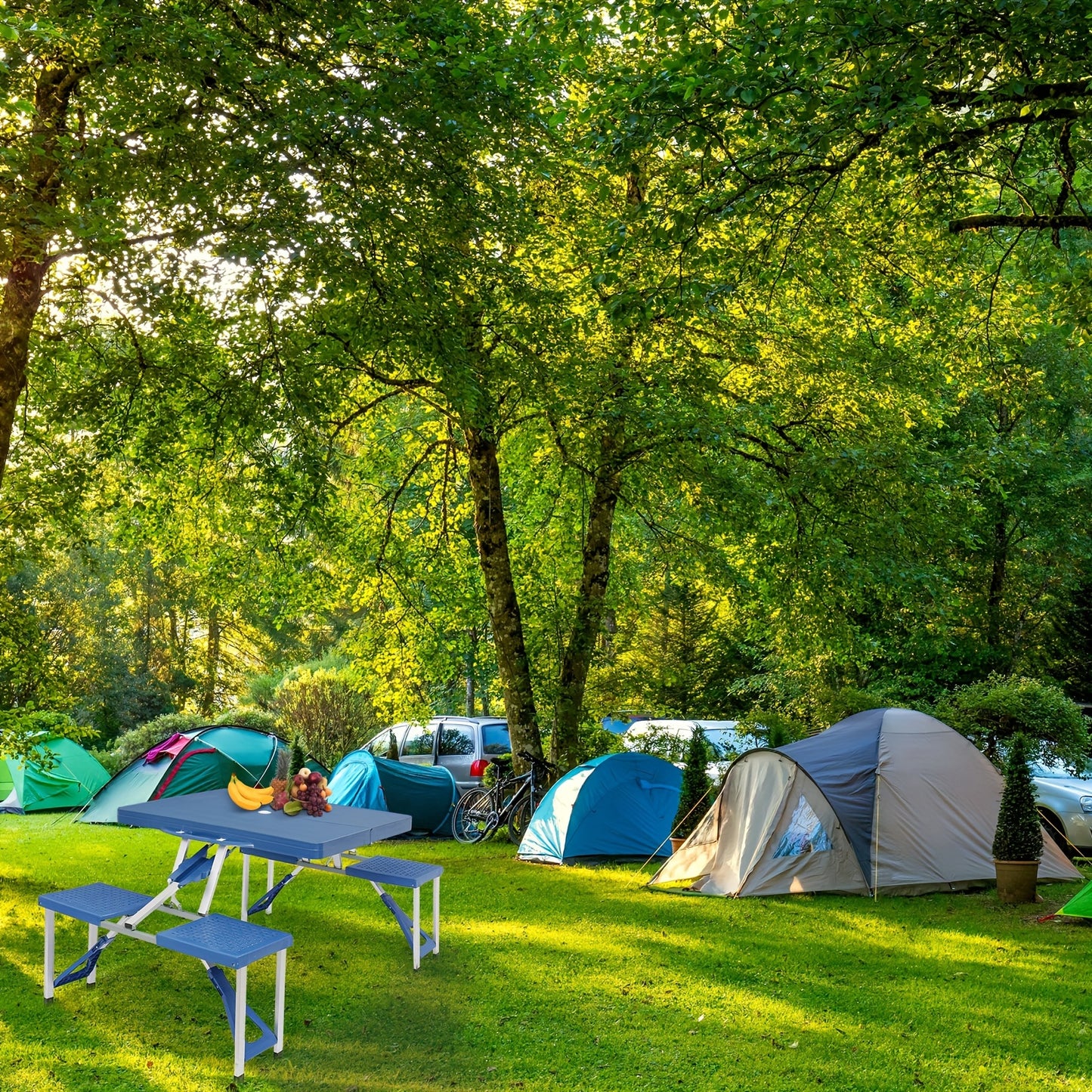 Blue Plastic Camping Table And Chair Set, Combined Table And Chair, 53.35*32.68*25.79inch, 110.23LB