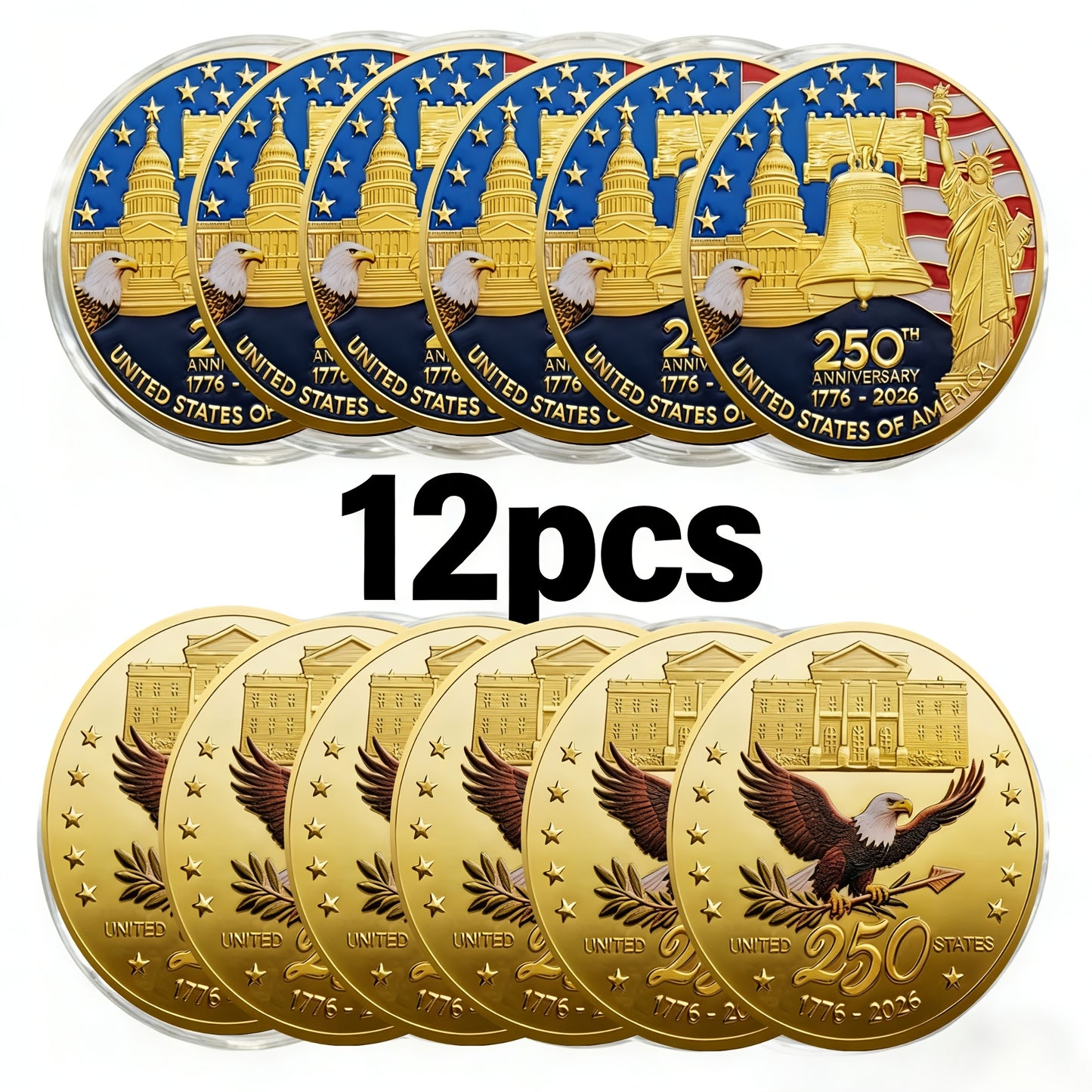 12pcs 2026 U.S. Independence 250th Anniversary Coin Set - 1776-2026 Replica Coins,W/Plastic Case