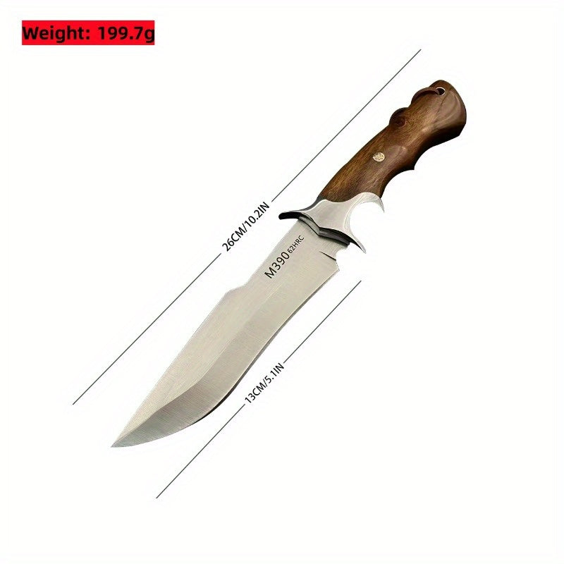 1pc Hand-Forged Damascus Fixed Blade | Wooden Handle, Leather Sheath, Flat Edge, 13" Blade, 15"