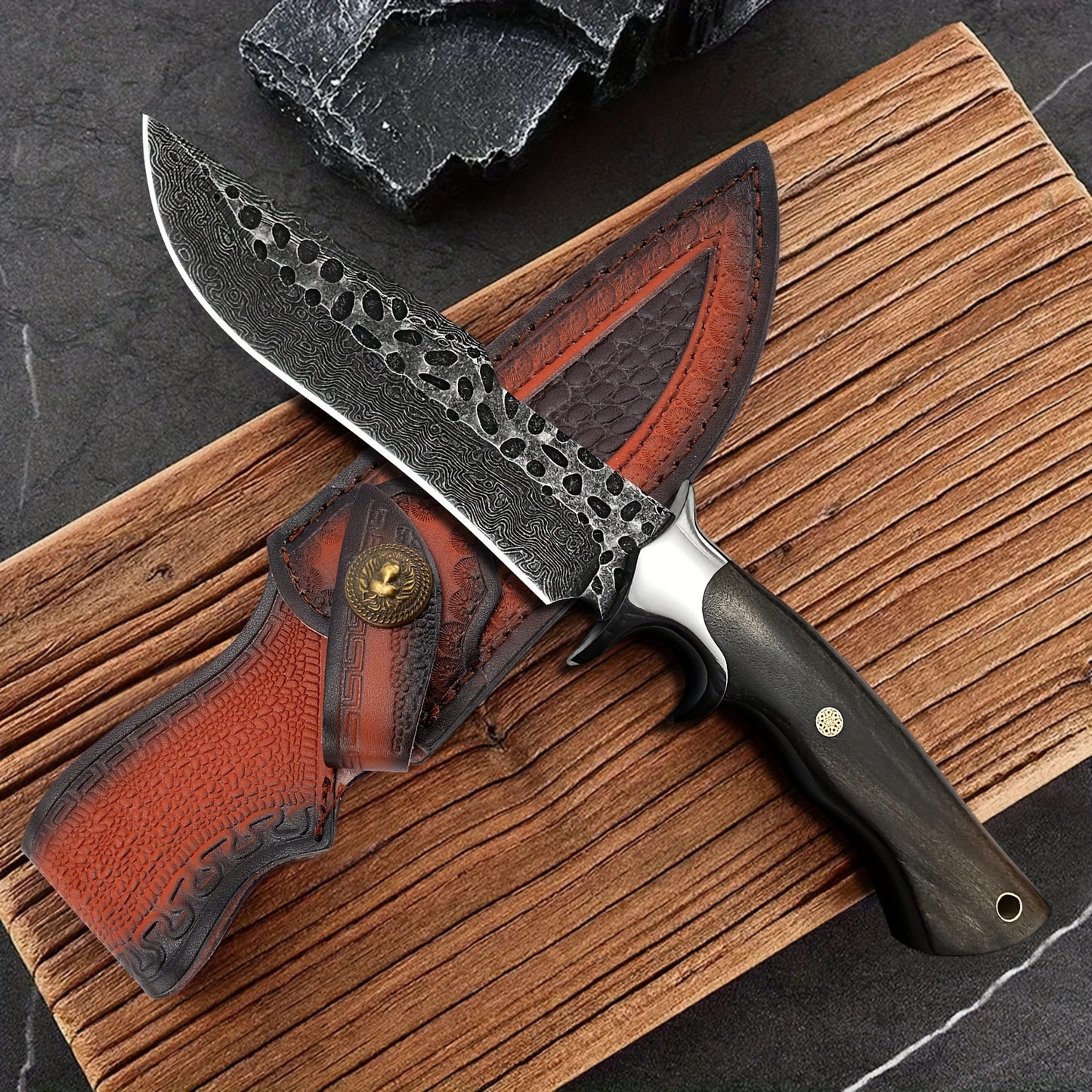 1pc Hand-Forged Damascus Fixed Blade | Wooden Handle, Leather Sheath, Flat Edge, 13" Blade, 15"