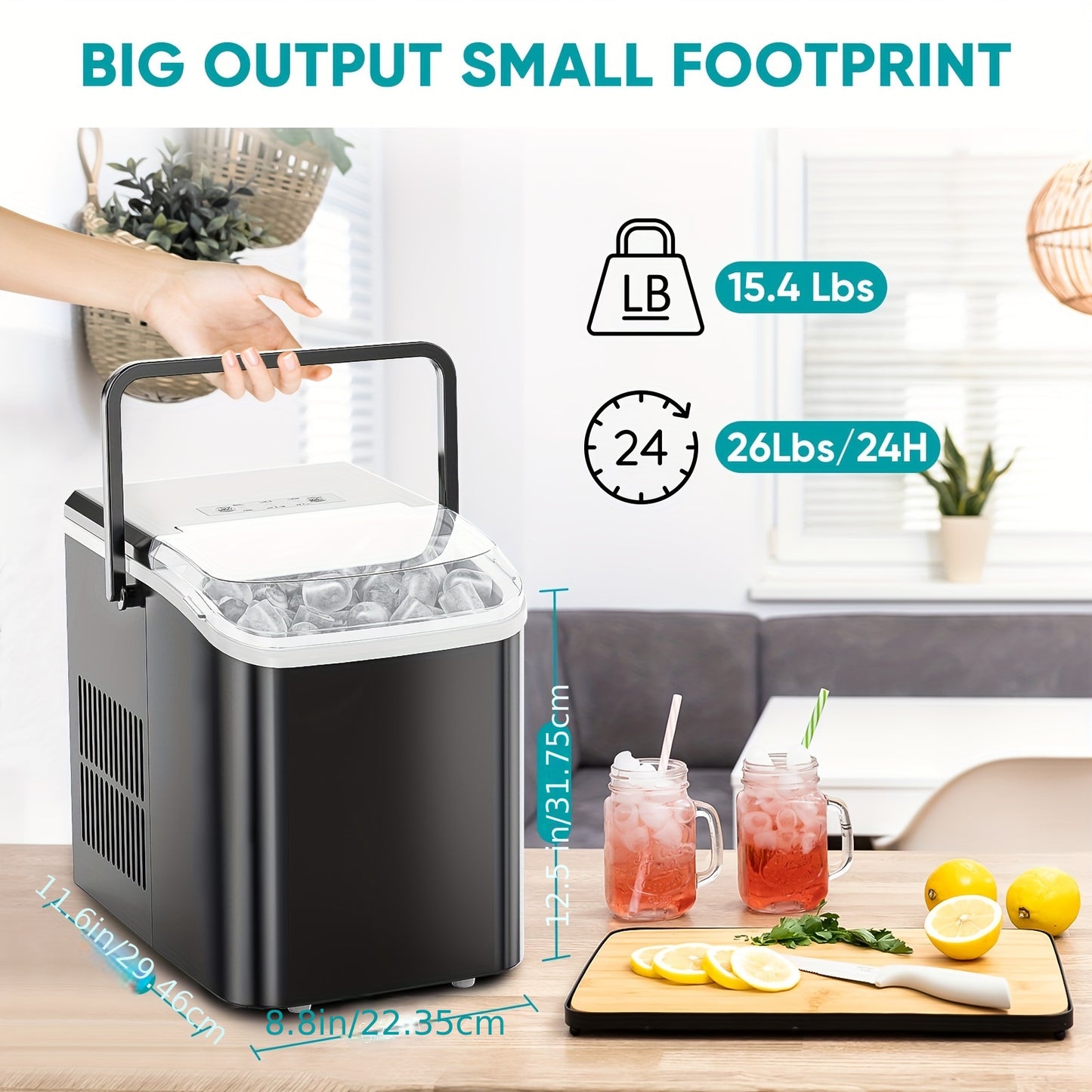 Portable Ice Maker Countertop w/Soft 9 Ice Cubes in 6 Minutes, 26.5lbs/24Hrs, Self-Cleaning