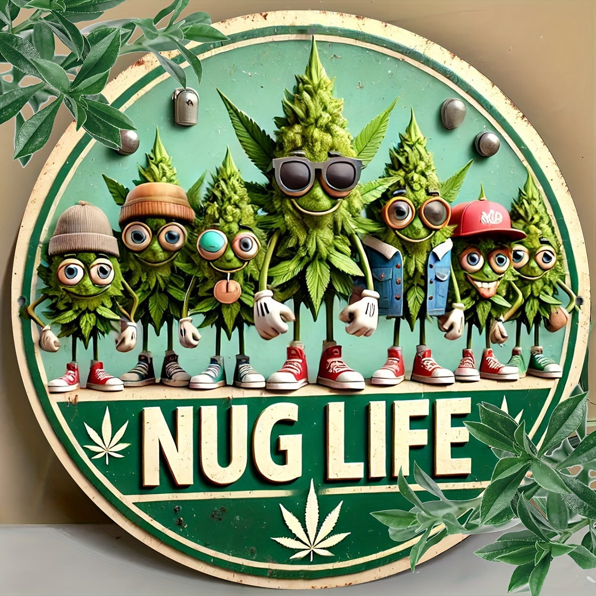 1pc Vintage Style Metal Aluminum Wall Art Sign - 8x8 Inch NUG LIFE Cannabis-Themed