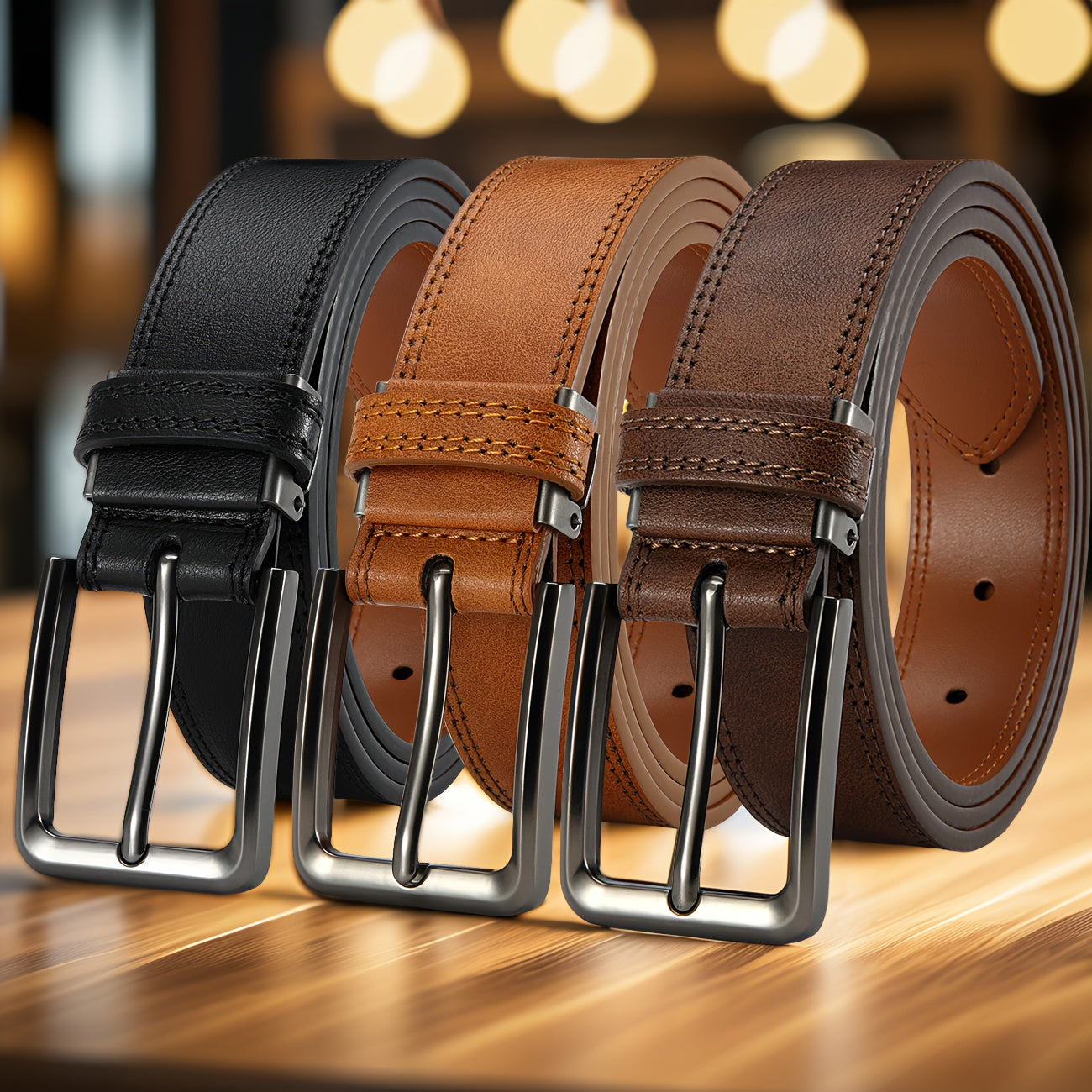 3pcs Mens Genuine Leather Belt Pin Buckle Classic Vintage Cowhide Trendy Casual Jean Belts