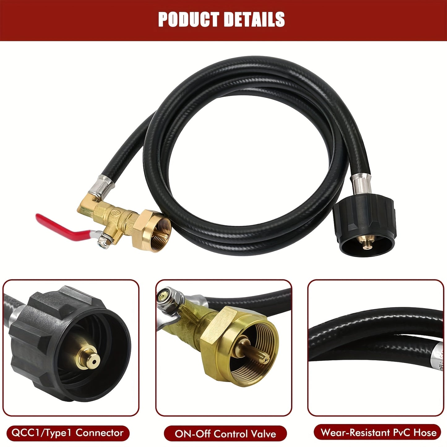 1 Lb Propane Tank Refill Adapter Kit, 3 Ft Hose W/Shutoff Valve, Fill 1 Lb Bottles From 20 Lb Tank