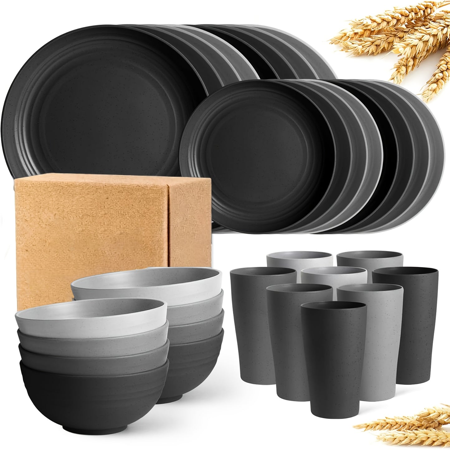16/17/32pcs Kitchen Dinnerware Set Made from Wheat Straw, 4 Or 8 People. Unbreakable Modern Dishes