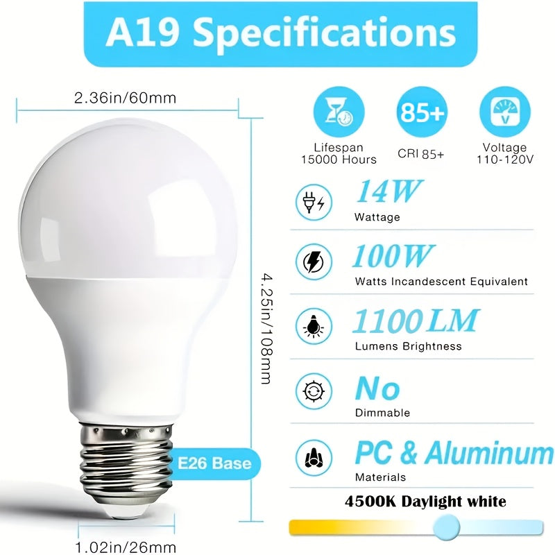 10 Pack A19 E26 LED Light Bulbs 1100 Lumens, 15,000 hrs, 100W, 85+ CRI Rendering, Non-Dimmable