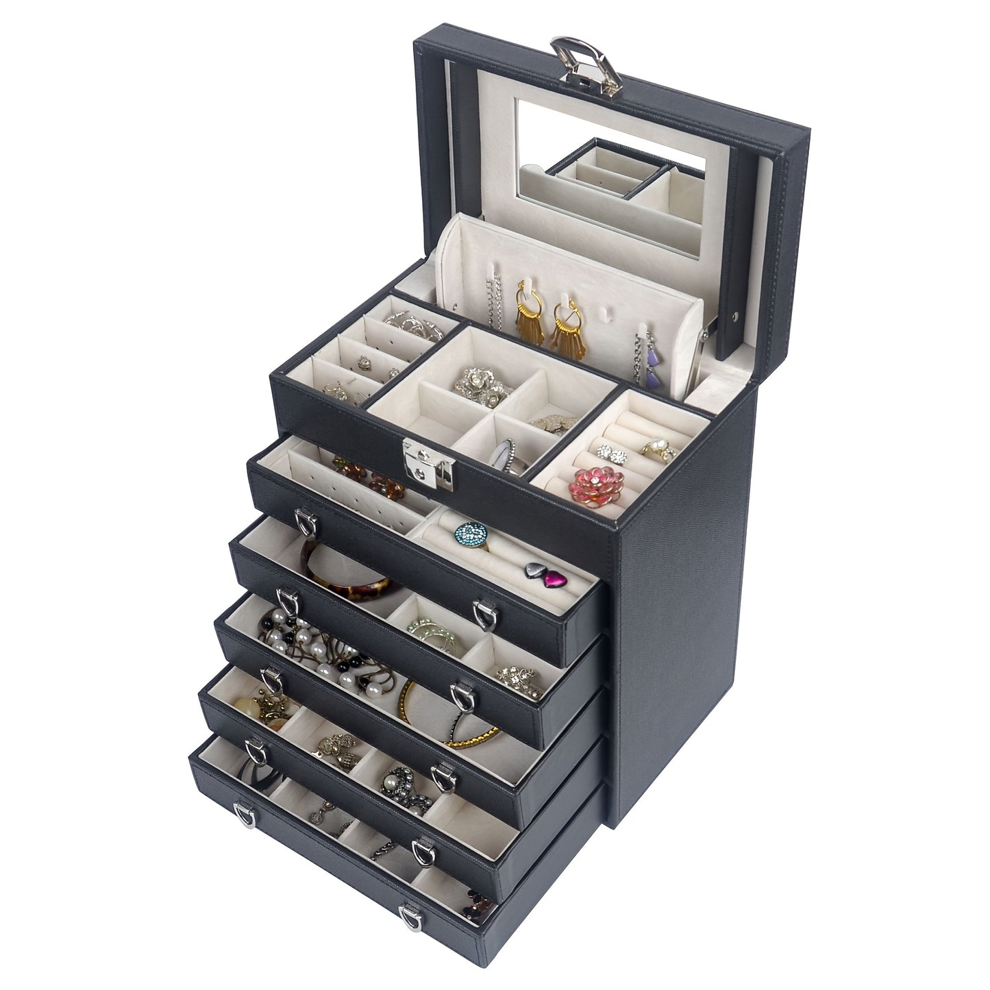 6-Layer Large Leather Jewelry Box for Women, Jewelry Organizer Box w/Mirror LJC09BK