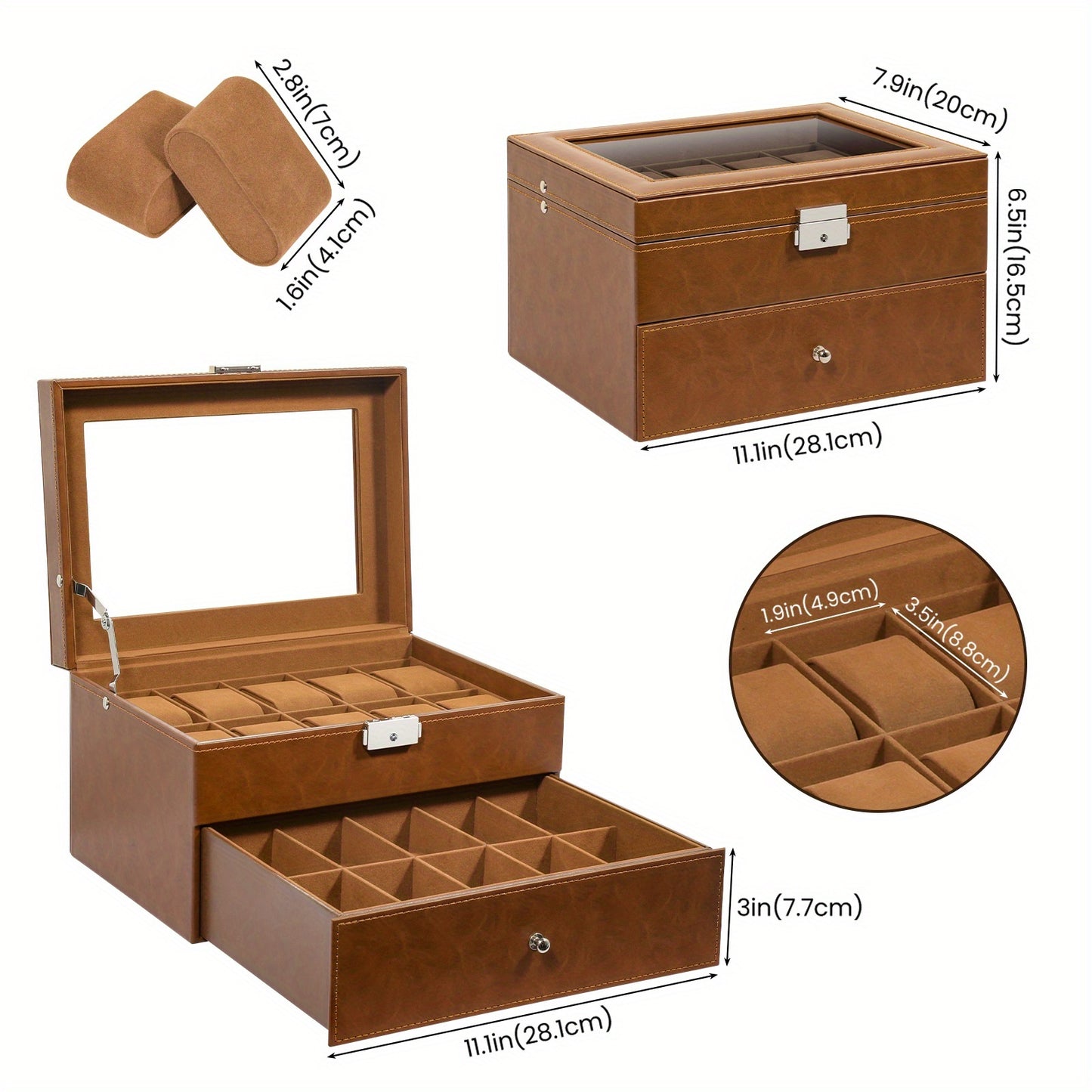 20-grid Double-layer Watch Box, Brown, Black, Gray Pillows, Solid Glass Cover,Collection And Display