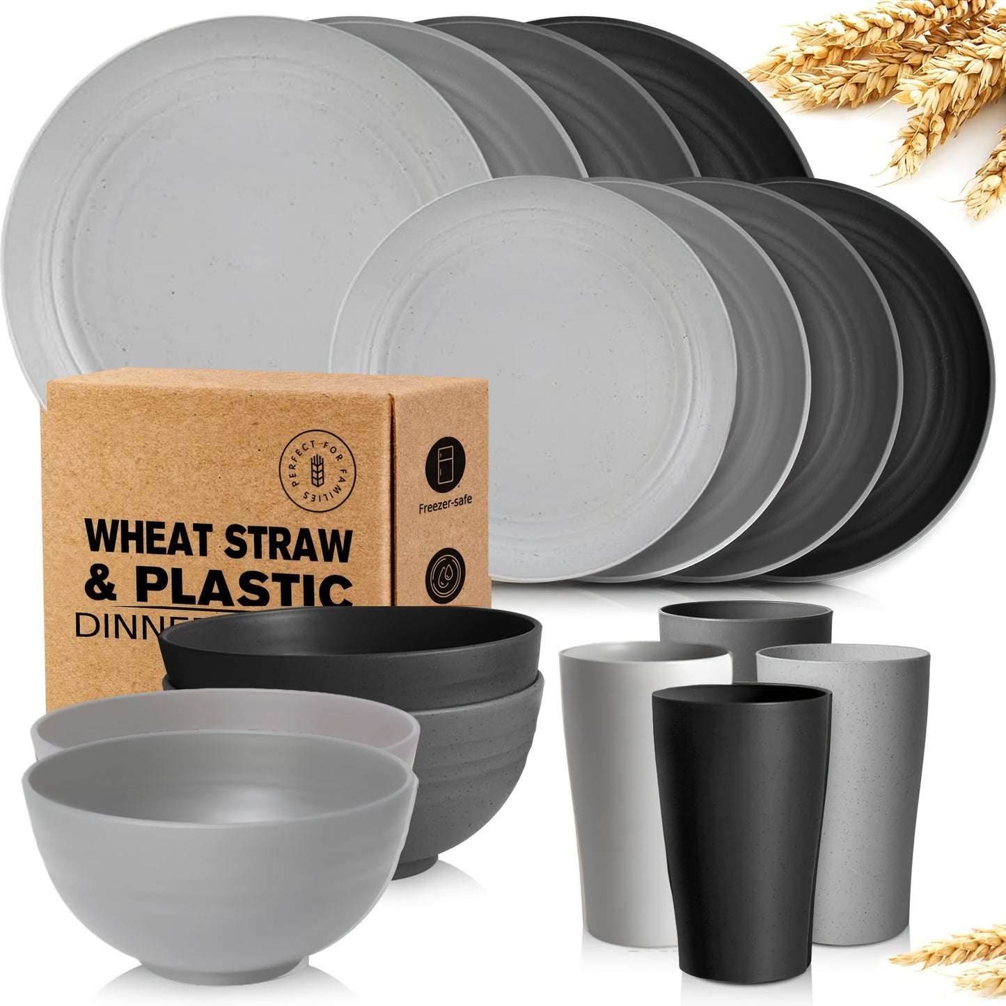 16/17/32pcs Kitchen Dinnerware Set Made from Wheat Straw, 4 Or 8 People. Unbreakable Modern Dishes