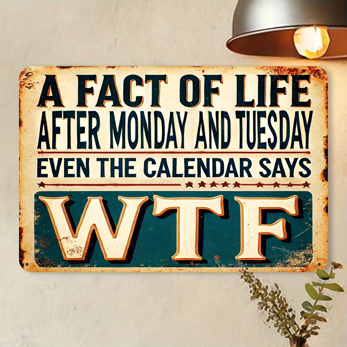 Vintage Aluminum Sign "A Fact of Life: After Monday and Tuesday Even the Calendar Says WTF" 8"X12"