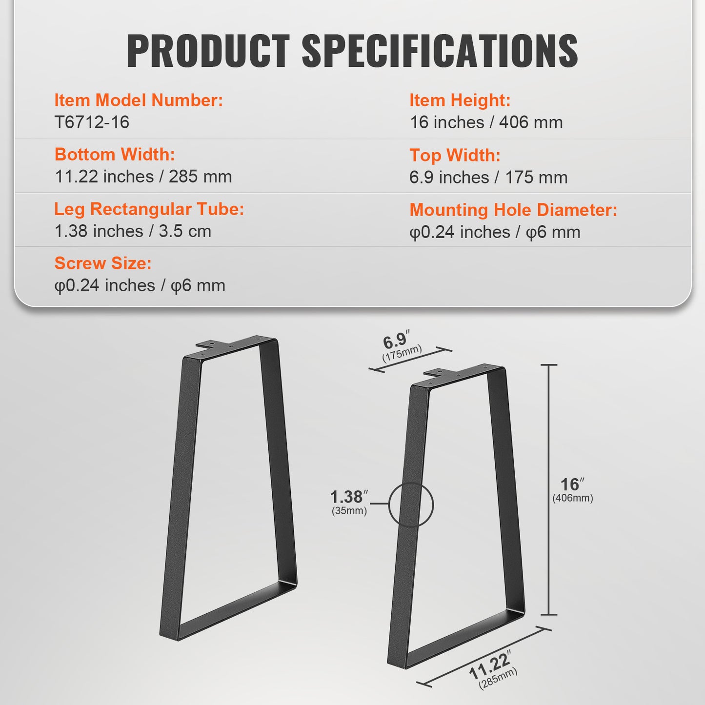 VEVOR 16 inch Trapezoid Steel Table Legs, Replacement Furniture Legs Set of 2 for DIY Coffee Tables