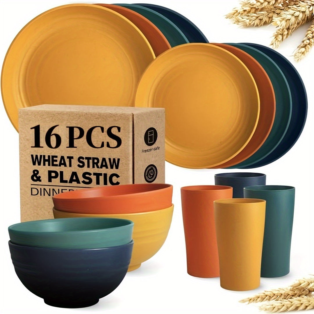 Unbreakable Plates, Bowls & Cups/Wheat Straw Tableware Set/4/16/32pcs Dishwasher Safe, Lightweight
