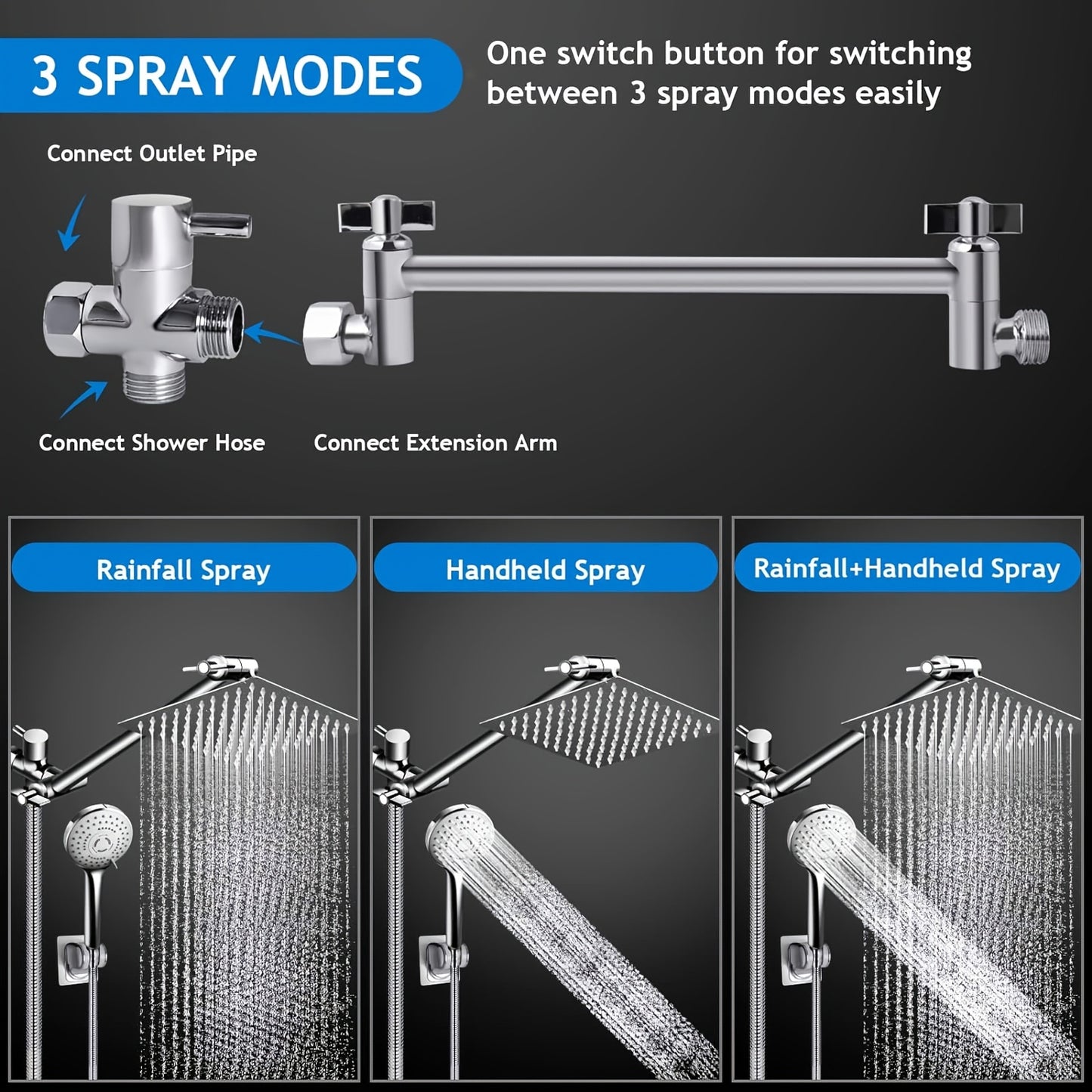 8 1/2" High Pressure Rainfall Shower Head/Handheld Shower Combo W/11" Extension Arm, 5 Settings