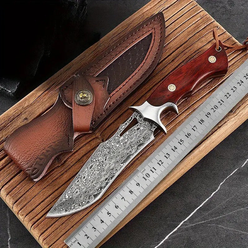 1pc Hand-Forged Damascus Fixed Blade | Wooden Handle, Leather Sheath, Flat Edge, 13" Blade, 15"