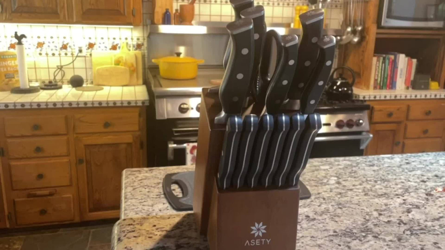ASETY Knife Set, 15pcs Kitchen Knife Set with Built-in Knife Sharpener Block, German Stainless Steel