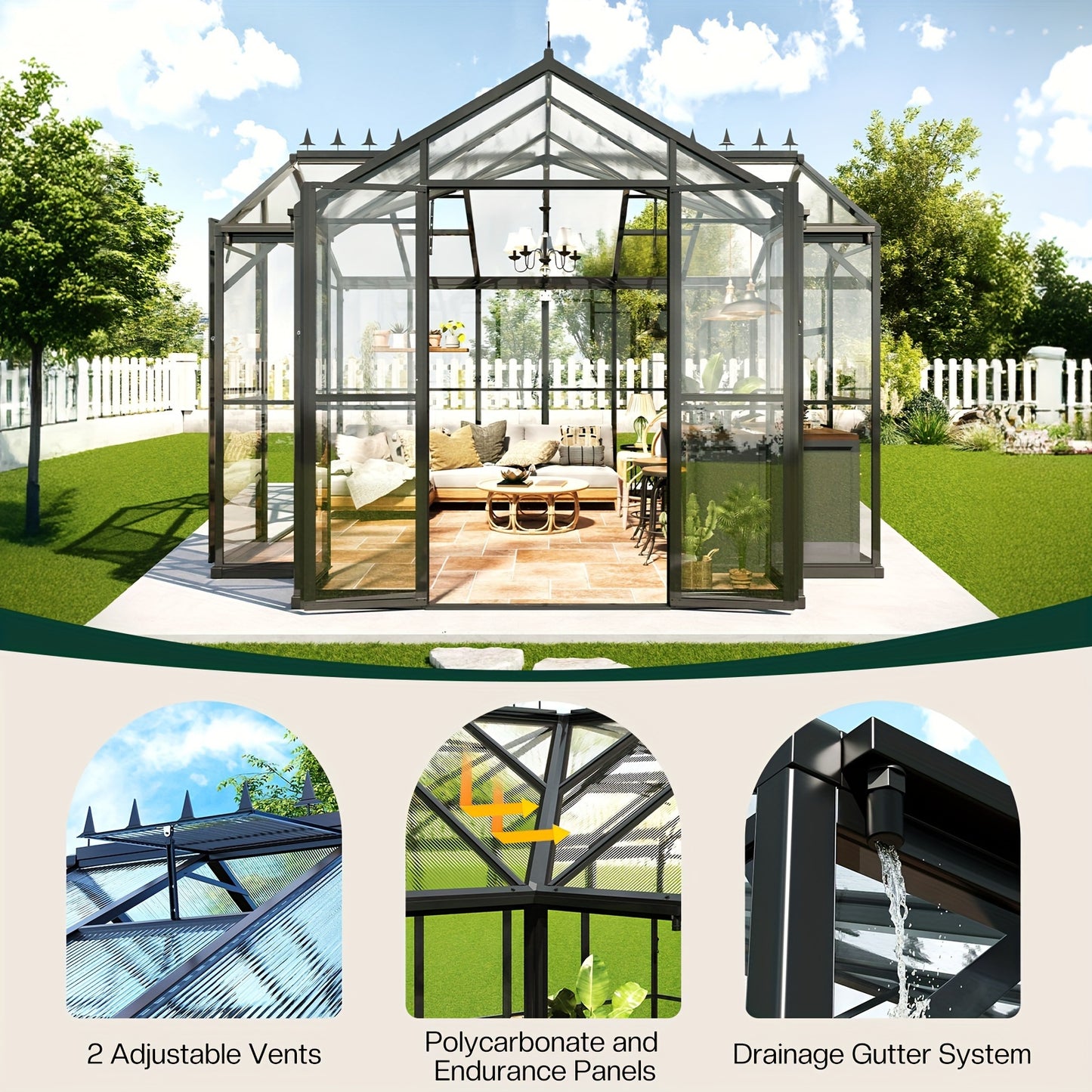 PAPABABE Greenhouse 12x10x8ft Aluminum Frame/Quick-Connect/2 Hinged Doors/Vents, Garden Houses