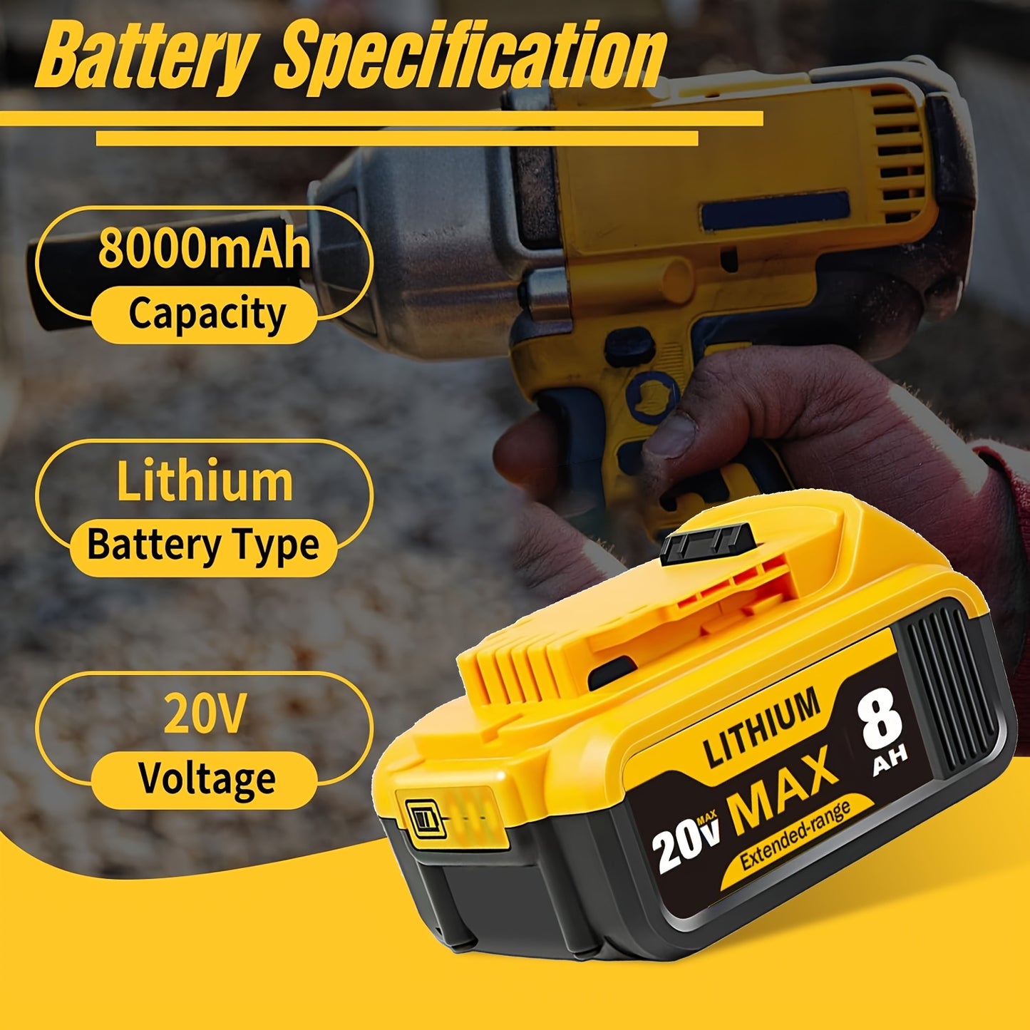1/2-Pack 8.0Ah Replacement for Dewalt 20v Max XR - Lithium-Ion Batteries - High-Capacity