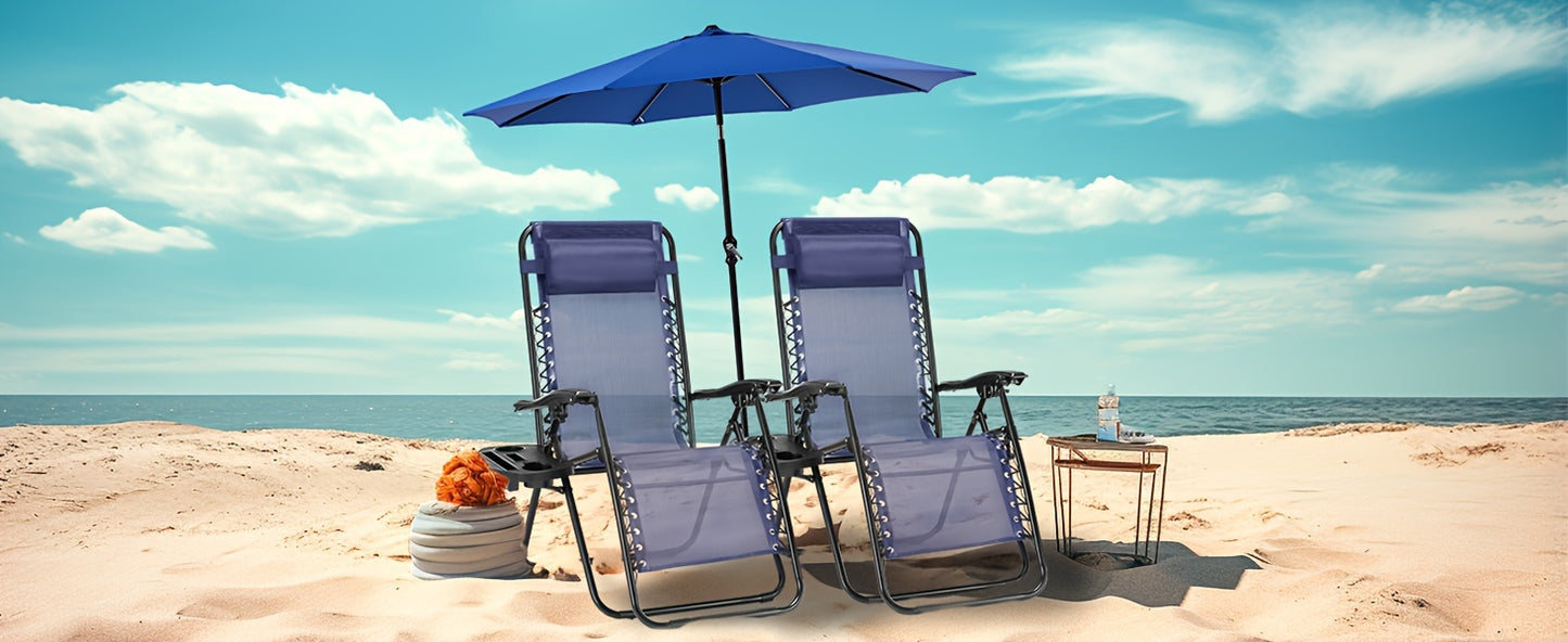 2-Pack Zero Gravity Chair w/1 Patio Umbrella Set - Outdoor Foldable Portable Lightweight Recliner