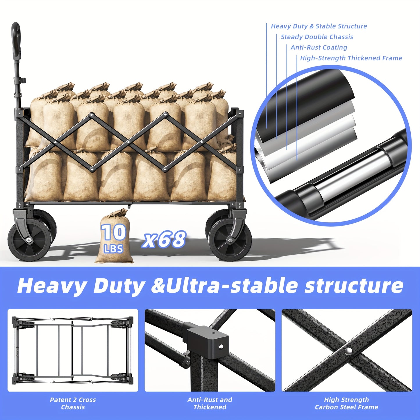 Heavy Duty Collapsible Cart With All Terrain Tires, Strong Load Bearing, Iron Frame, Track And Field