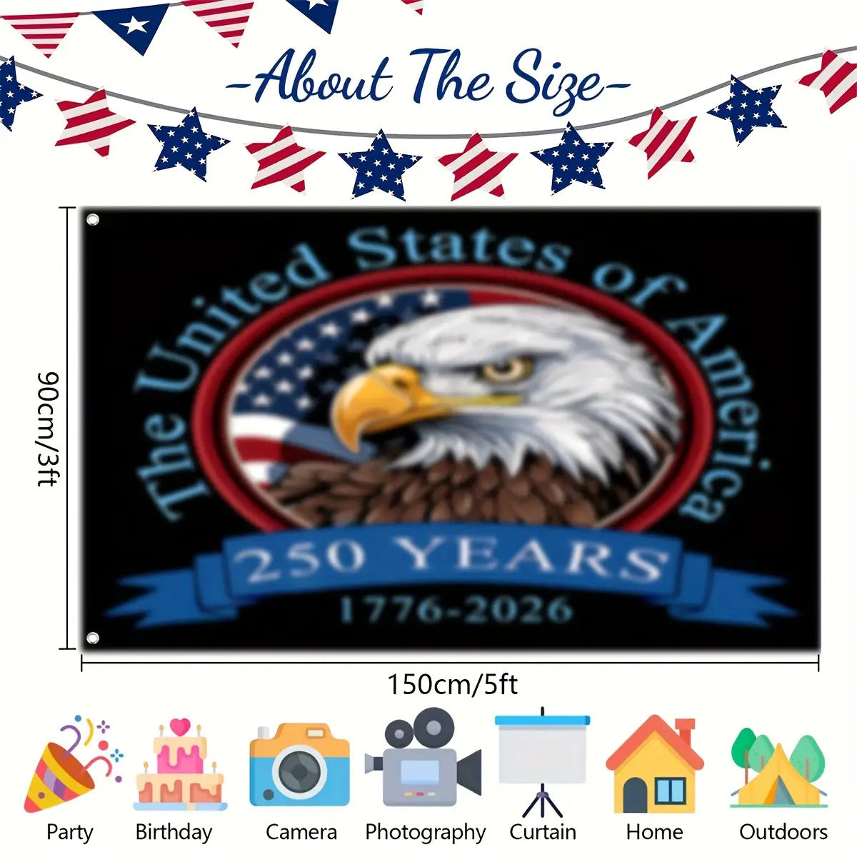 250th Anniversary American Flag- Patriotic Eagle and Star Design with Commemorative Years 1776-2026