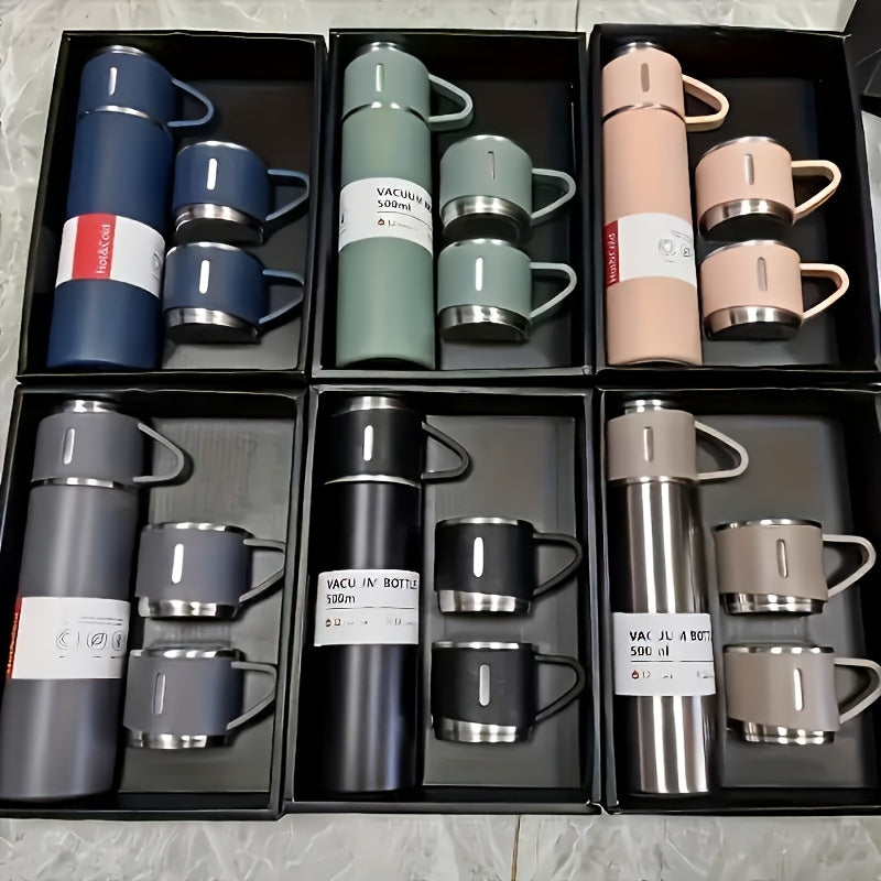 4pcs Stainless Steel Insulated Water Bottle Gift Set - Large 500ml/16.9oz w/3 Small Cups +1 Bottle