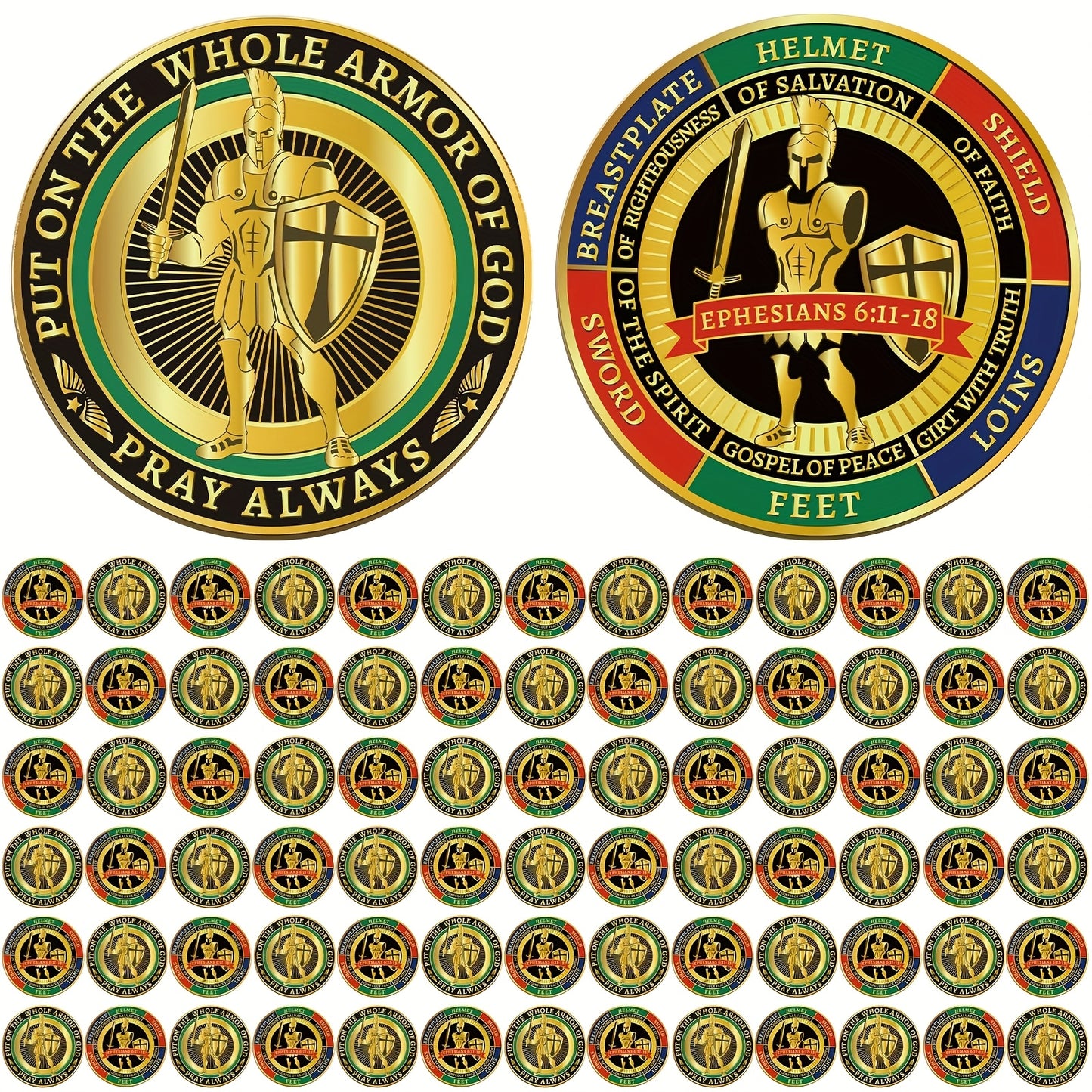 80pcs Put On The Whole Armor Of God Challenge Coins Round Metal Commemorative Coins Golden Prayer