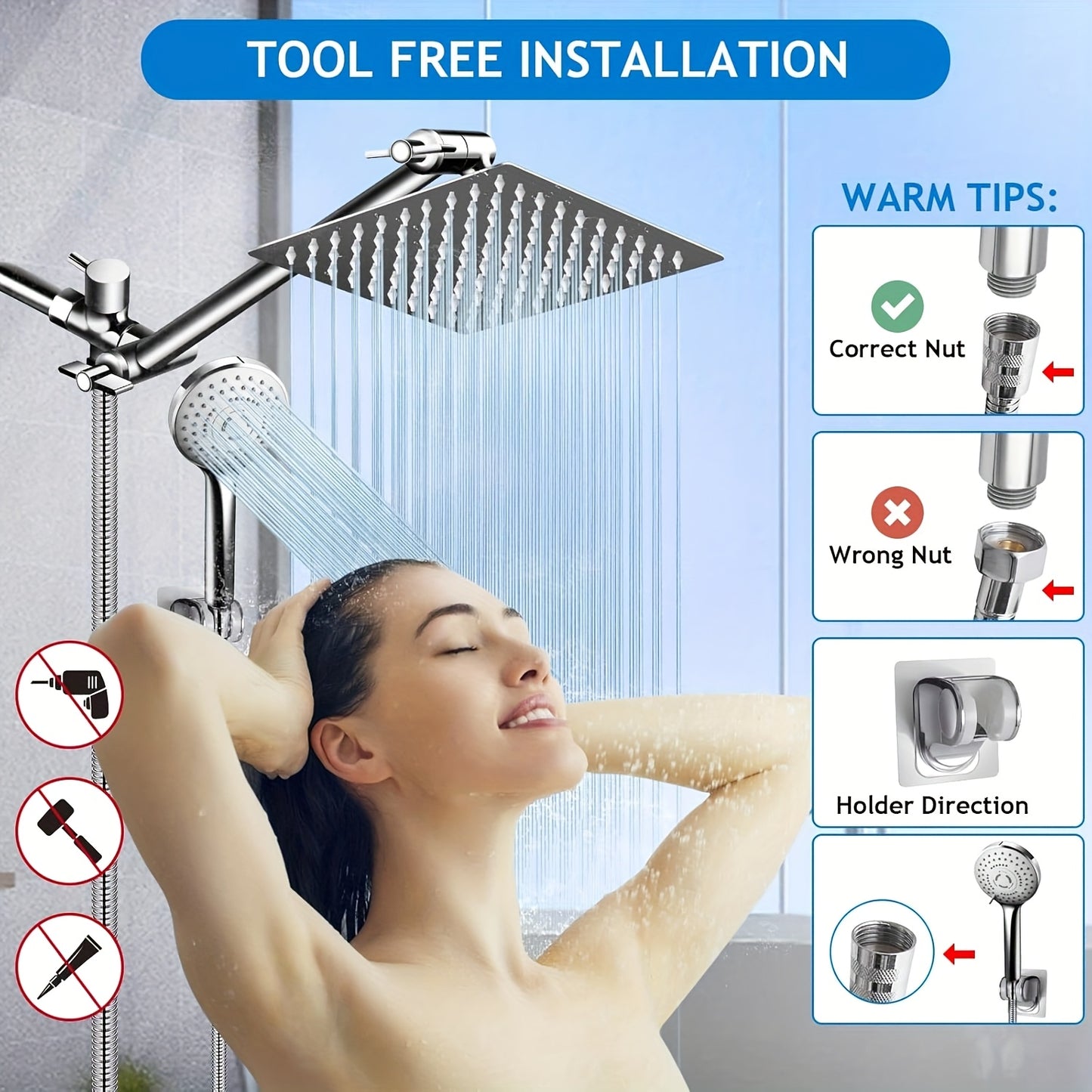8 1/2" High Pressure Rainfall Shower Head/Handheld Shower Combo W/11" Extension Arm, 5 Settings