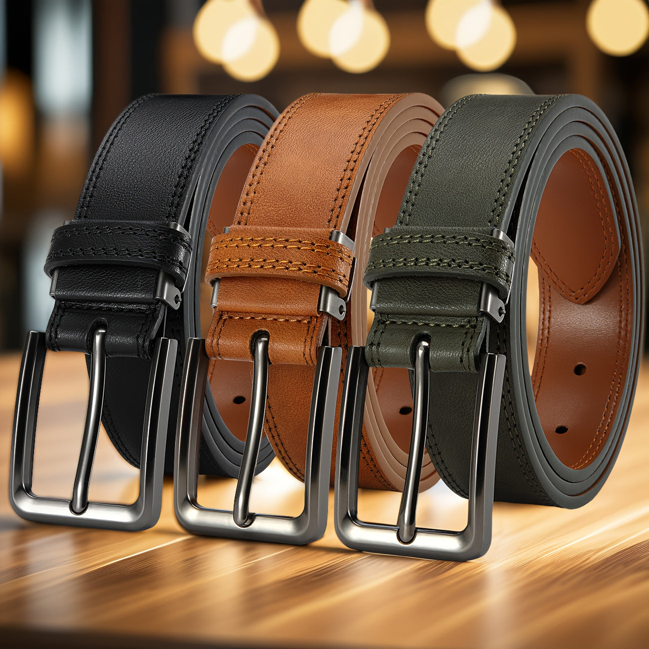 3pcs Mens Genuine Leather Belt Pin Buckle Classic Vintage Cowhide Trendy Casual Jean Belts