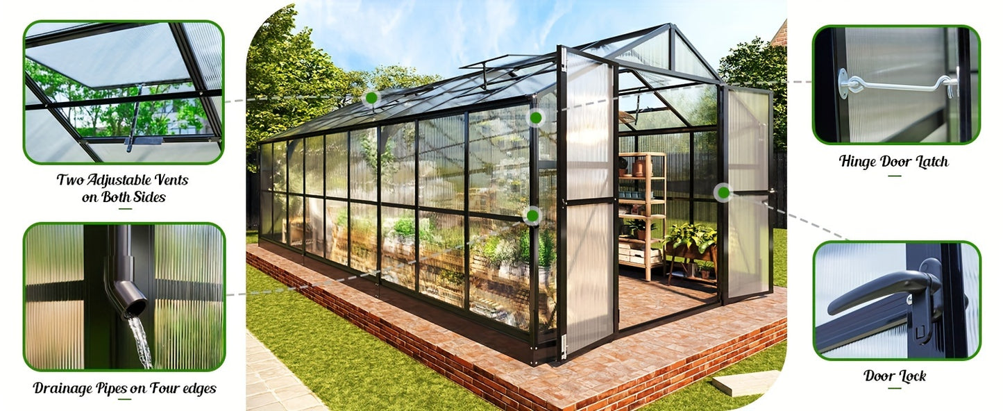 Premium 8x18FT Polycarbonate Greenhouse/Quick-Connect, Aluminum Construction/2 Swing Doors