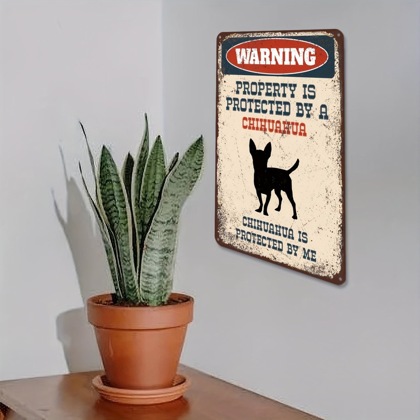 Vintage Metal Tin Sign: Property Protected by a Chihuahua - 8 X 12 Inches, Pre-Drilled Holes