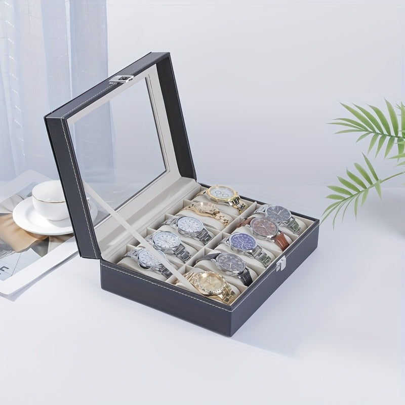 1pc Black Faux Leather Watch Box, Square Flip Display Box For 10/12 Slots, Elegant Watch Organizer