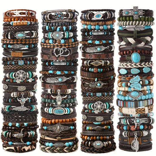12/32/48pcs Bohemian Vintage Western Pu Leather & Turquoise Beaded Bracelet Set, Faux Leather Bangle