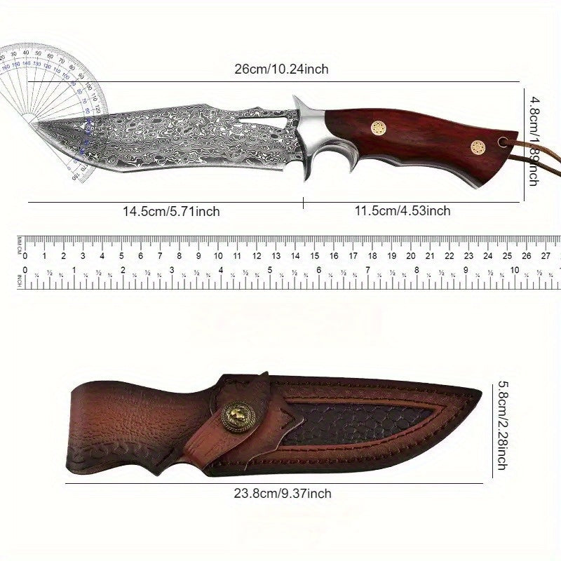 1pc Hand-Forged Damascus Fixed Blade | Wooden Handle, Leather Sheath, Flat Edge, 13" Blade, 15"