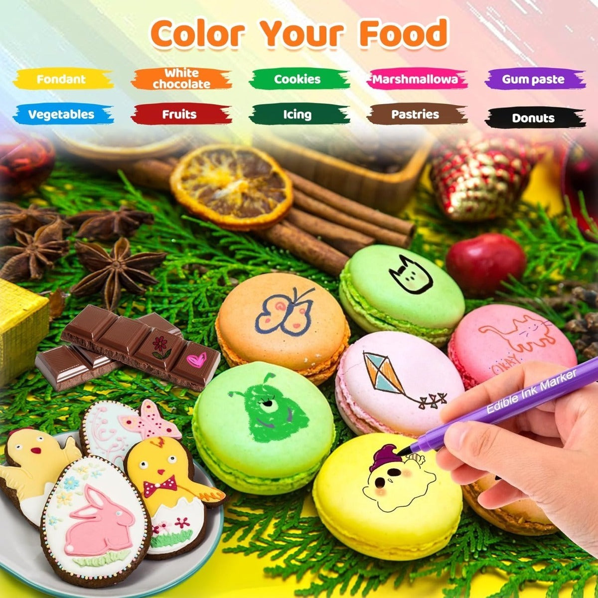 12pcs Food Grade Color Pens, Cookie Cake Coloring Markers, Double-Sided Food Grade Pens