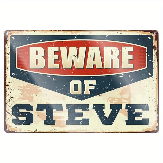 1pc Funny "Beware of Steve" Vintage Metal Sign - Retro Red/Blue/Beige Warning Decoration