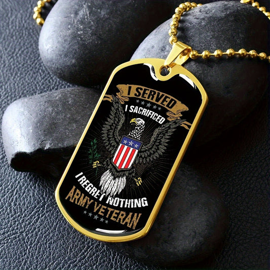 Military Tag Pendant Necklace, Patriotic Eagle Design "I Served, I Sacrificed, I Have No Regrets"