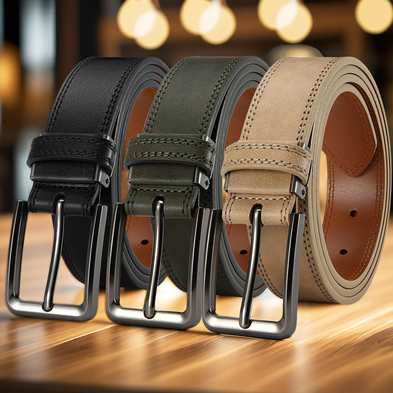 3pcs Mens Genuine Leather Belt Pin Buckle Classic Vintage Cowhide Trendy Casual Jean Belts
