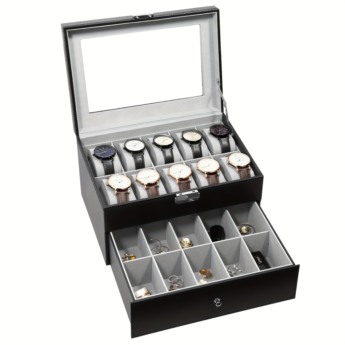 20-grid Double-layer Watch Box, Brown, Black, Gray Pillows, Solid Glass Cover,Collection And Display
