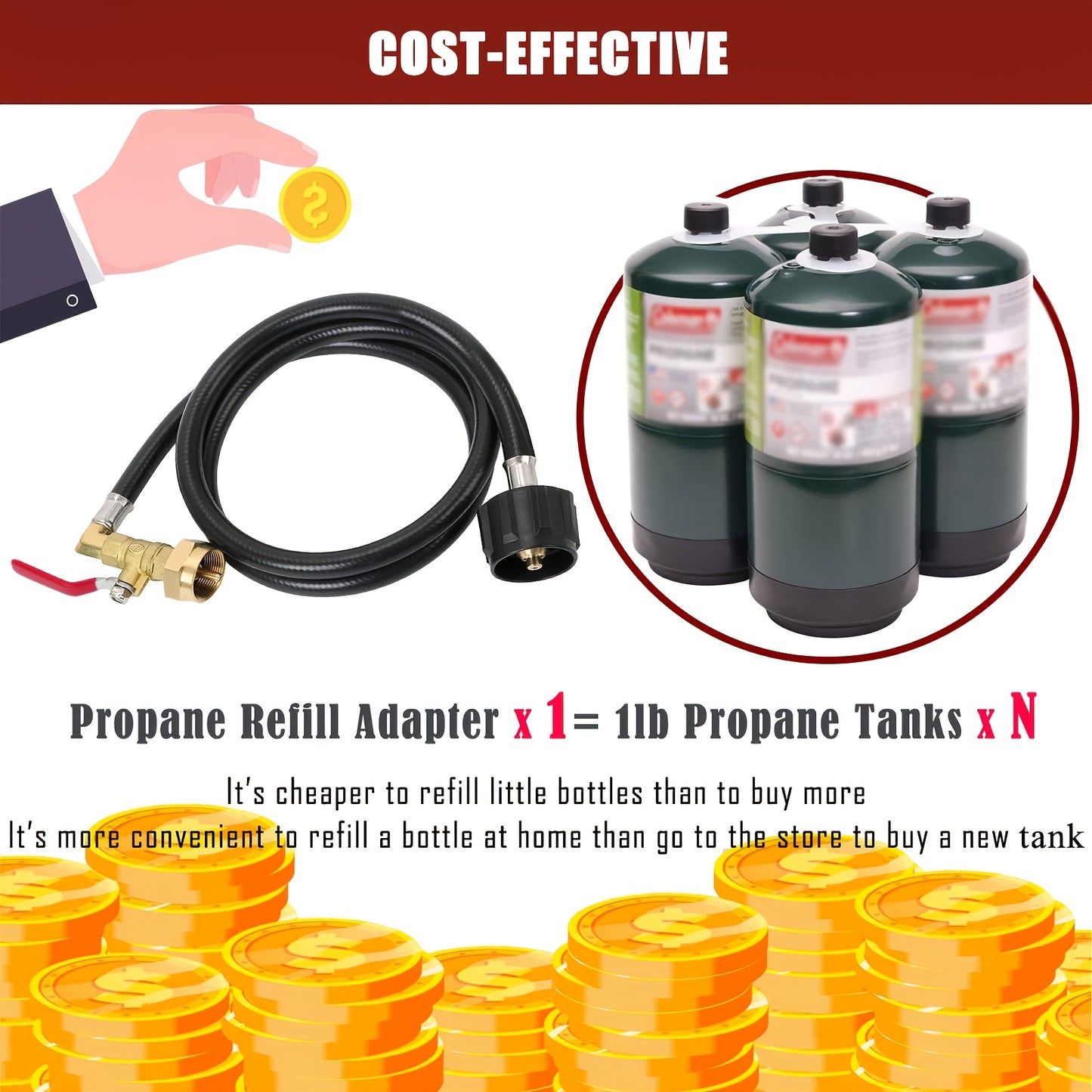 1 Lb Propane Tank Refill Adapter Kit, 3 Ft Hose W/Shutoff Valve, Fill 1 Lb Bottles From 20 Lb Tank