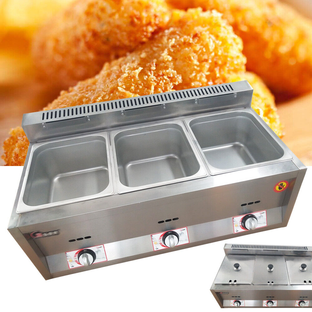 3 Pan Gas Fryer Catering Food Warmer Steam Table Buffet Restaurant 3 Well Deep Fryer