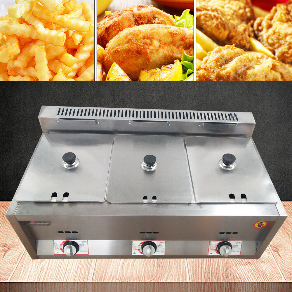 3 Pan Gas Fryer Catering Food Warmer Steam Table Buffet Restaurant 3 Well Deep Fryer