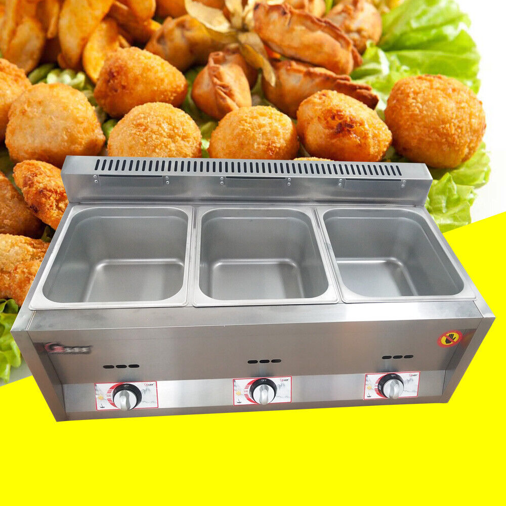 3 Pan Gas Fryer Catering Food Warmer Steam Table Buffet Restaurant 3 Well Deep Fryer