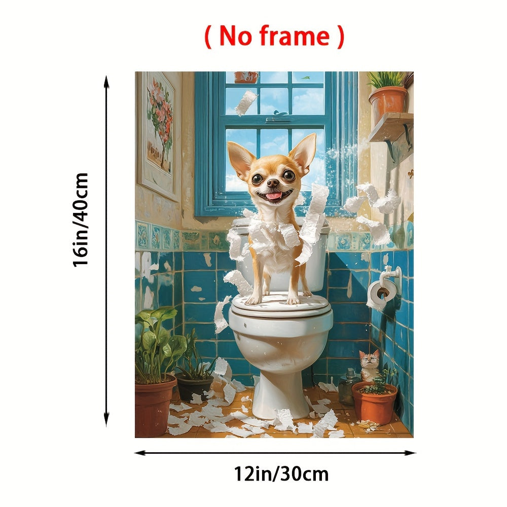 Happy Chihuahua on Toilet: 12X16 Inch NOT Framed Art Print - A Whimsical Take on a Classic Scene