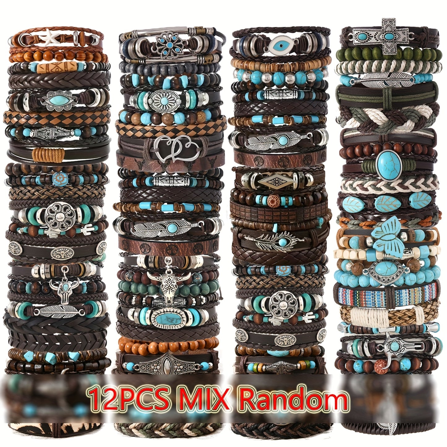 12/32/48pcs Bohemian Vintage Western Pu Leather & Turquoise Beaded Bracelet Set, Faux Leather Bangle