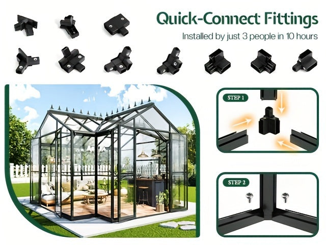 12x10x8 FT Chalet Greenhouse With Quick-Connect Fittings, Greenhouses With 2 Vents
